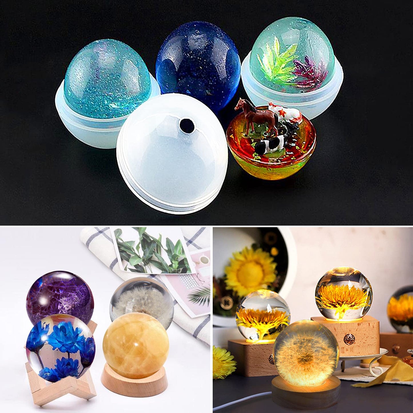 Voaesdk 4 inch Large Sphere Round Light Resin Mold,LED Silicone Resina Mould with 1Pcs USB Powered Wooden Lighted Base Stand for DIY Table Crafts Party Wedding Desktop Lamp Home Decor