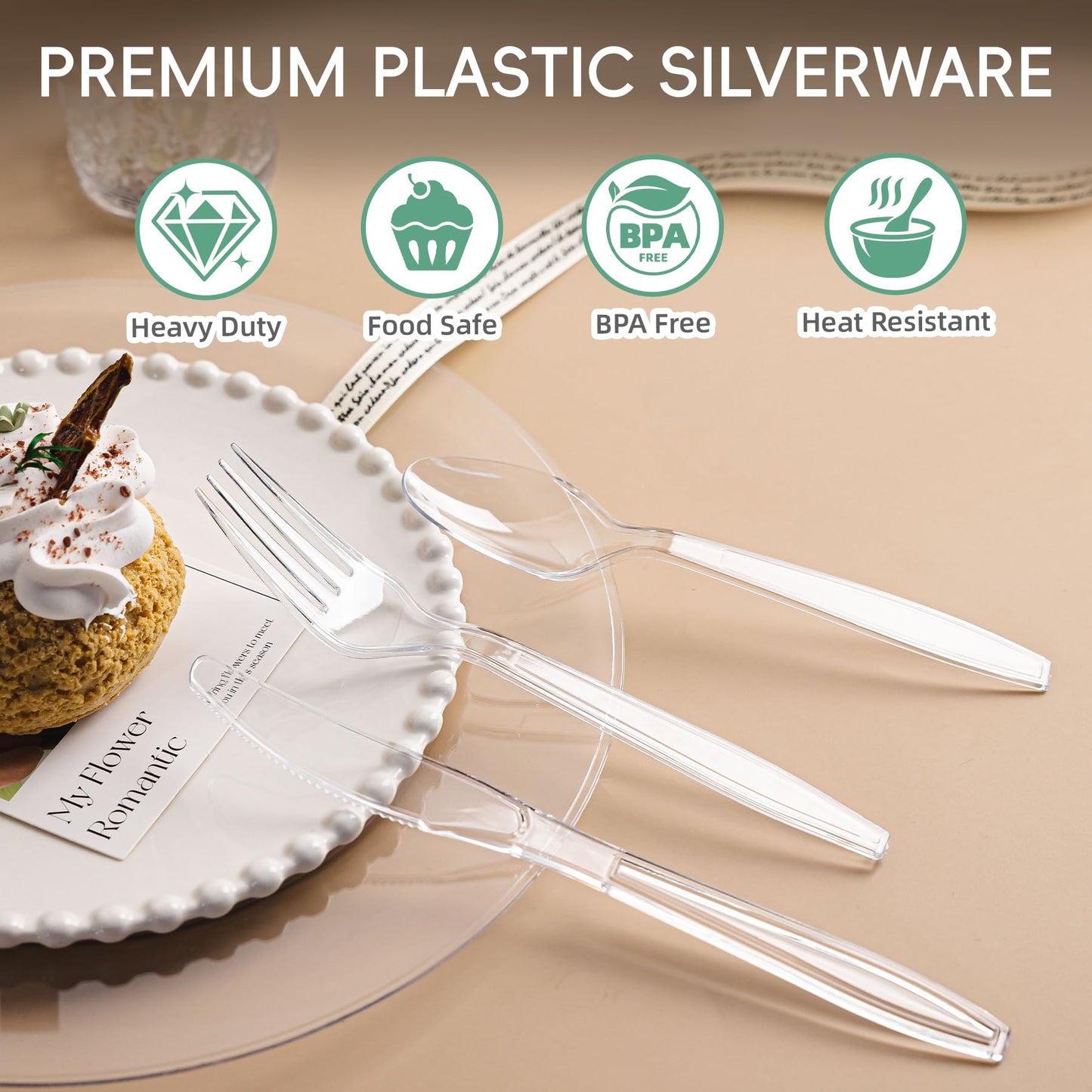 QualQuot 400 Count Clear Plastic Silverware, Extra Heavy Duty Plastic Utensils Set Includes 160 Forks, 160 Spoons and 80 Knives, BPA-Free and Heat Resistant Disposable Cutlery for Party and Daily Use