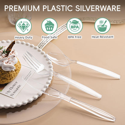 QualQuot 400 Count Clear Plastic Silverware, Extra Heavy Duty Plastic Utensils Set Includes 160 Forks, 160 Spoons and 80 Knives, BPA-Free and Heat Resistant Disposable Cutlery for Party and Daily Use