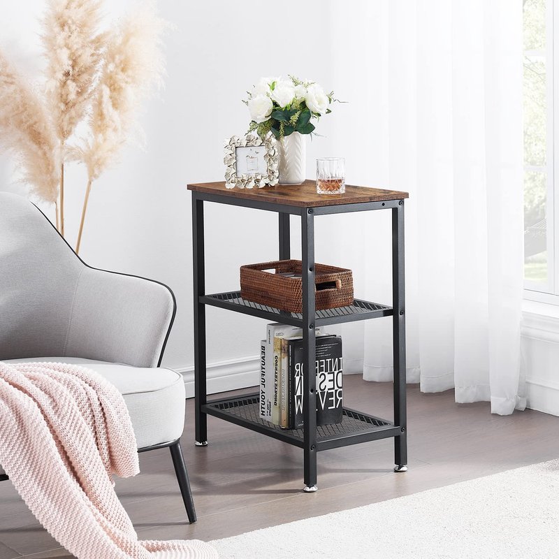 VECELO Tall End Side Tables,30" Height Nightstand with 3-Tier Storage Shelf for Bedroom Living Room, Easy Assembly,Industrial Style, Brown