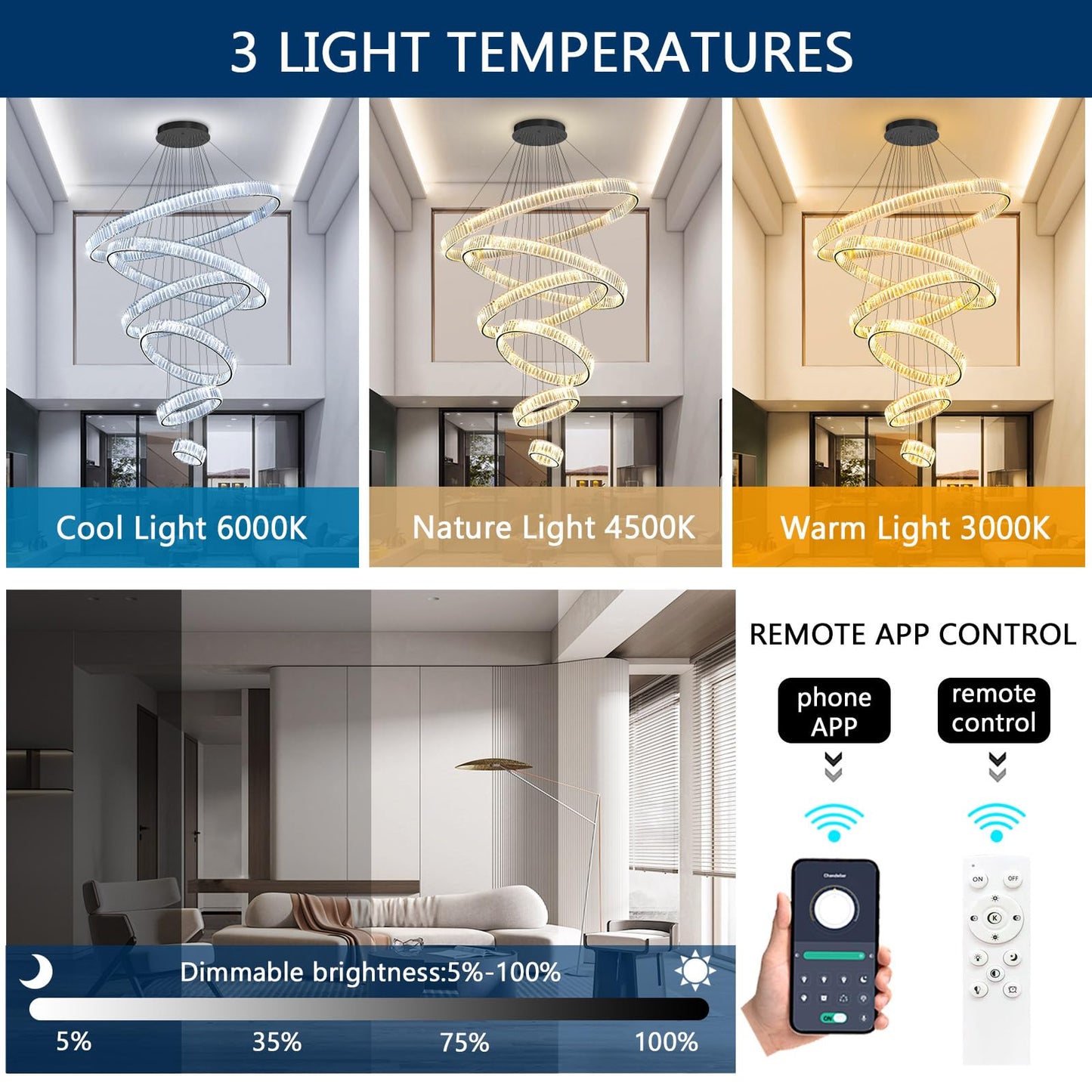 dolria Large Ring Chandelier Modern Crystal Chandeliers for High Ceiling Round LED Dimmable Ceiling Light Fixture for Foyer Long Stair Black 8''+16''+24''+32''+40''+47''