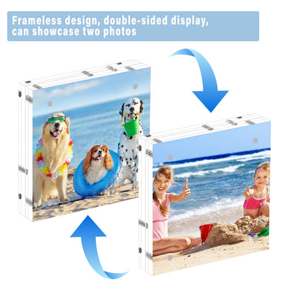 HELPLEX 2 Pack 8x8 Acrylic Picture Frames, 24mm Thicker Square Frameless Clear Frame Double Sided Magnetic Frame, Free Standing Desktop Display Stand Acrylic Frames