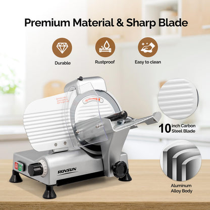 ROVSUN 10 inch Commercial Meat Slicer, 240W Electric Meat Slicer Machine, Frozen Meat Deli Cheese Food Slicer with Adjustable Thickness(0-12mm), Upgraded Carbon Steel Blade for Home and Commercial