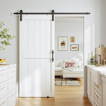 SmartStandard 38 x 84 inch White Sliding MDF Barn Door with 6.6FT Black Sliding Door Hardware Kit & Handle, Pre-Drilled Ready to Assemble, Waterproof PVC Coating, H-Frame
