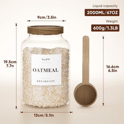 2 PCS Flour Sugar Storage Containers Glass, Large Glass Food Storage Jars with Wood Airtight Lids, 132 Pantry Labels and 2 spoon for Coffee, Flour, Sugar, Spice (70 oz/2000 ml)