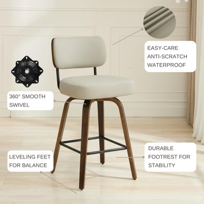 Arvasslia Swivel Bar Stools Set of 3, 26" Upholstered Counter Height Bar Stools with Back and Walnut Wood Legs, Faux Leather Barstools for Kitchen Counter, Beige Gray
