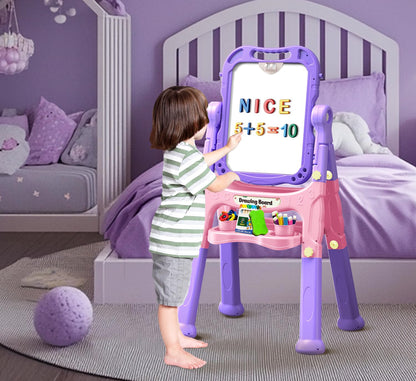 Juivin Art Easel for Kids Double Sided Magnetic Drawing Board with Letters & Numbers, Adjustable Standing Easel for Toddlers, Creative Play & Learning Toys for Girls - Purple