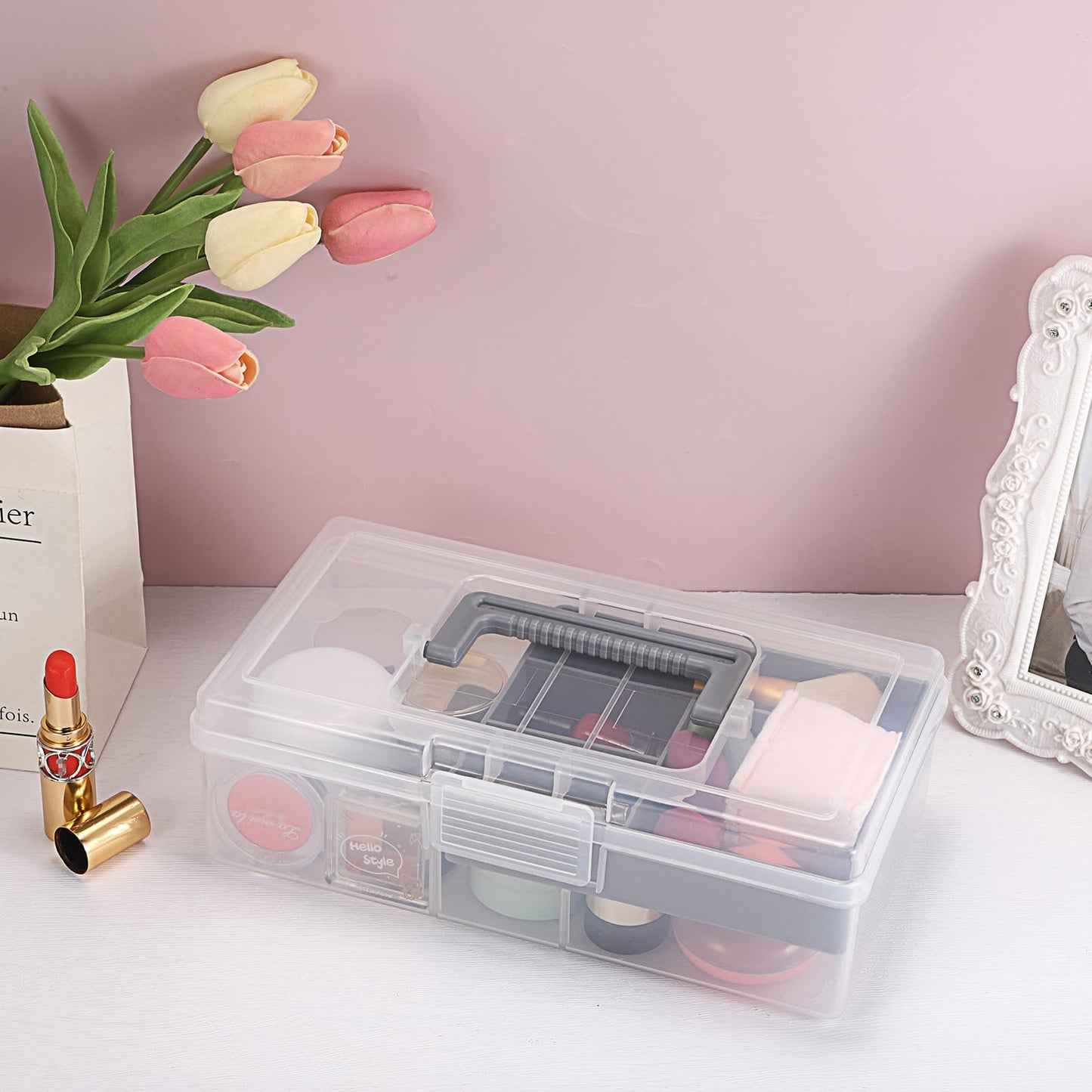 JUXYES Plastic Carry Storage Box with Removable Dividers, Clear Art Craft Supply Storage Bin Sewing Box With Handle Lid, 2 Layers Stationery Storage Case for School/Office Supplies