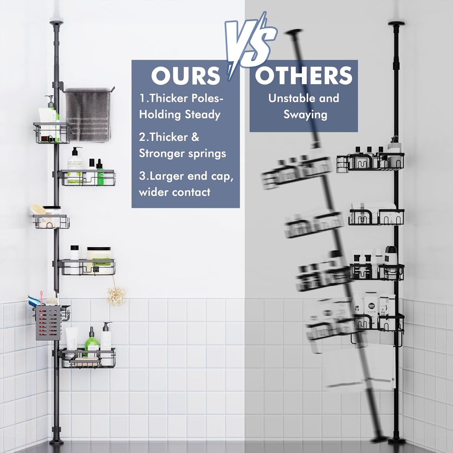 Shower Caddy Organizer - Rustproof Tension Pole with Adjustable 30-120 Inch Rack | 6-Pack Corner Shelf, Towel Bar & Soap Dish in Black