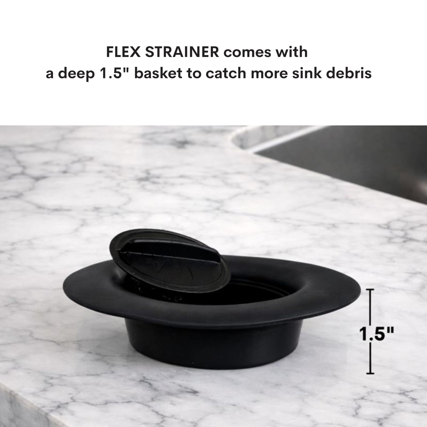 Flex Strainer® Sink Drain Strainer with Optional Stopper – No Center Stem, Fits Standard 3½” Sink Drains & Disposals – Easy Clean, Dishwasher Safe – Made in USA – Black, 2-Pack