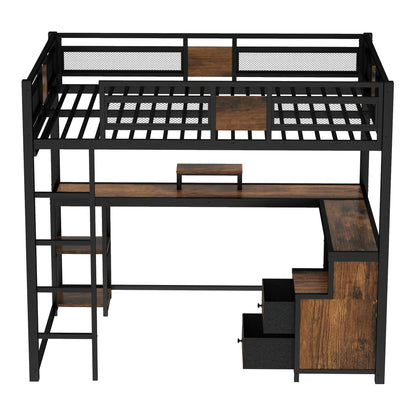Bellemave Queen Loft Bed with L-Shaped Desk and Storage Drawers, Queen Size Loft Bed Frame with Computer Monitor Stand, Corner Shelf and Hanger Rod, Adults Loft Beds Nosie-Free, Black