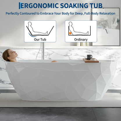Freestanding Bathtub 59", Diamond Shape Acrylic Tub with Chrome Overflow & Pop-Up Drain, Modern White Soaking Tub for Bathroom