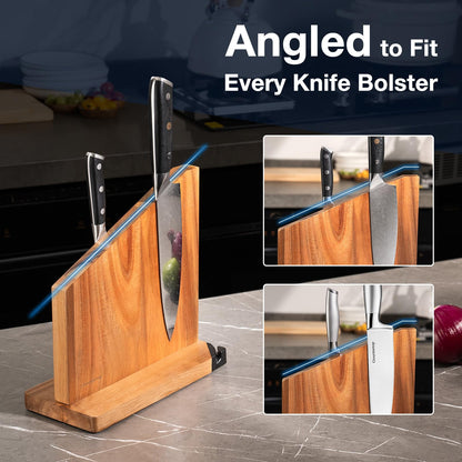 Gourmetop Magnetic Knife Holder with Built-in Sharpener, 100% Acacia Wood Magnetic Knife Block without Knives, Strong Double-Sided Magnetic Knife Holder for Kitchen Countertop Organization, Light Wood