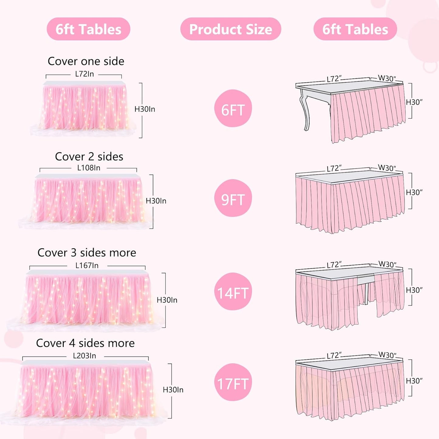 14FT Pink Tulle Table Skirt for Rectangle or Round Tables Ruffle Tulle Tutu Cloth Desk Table Skirt with LED Lights