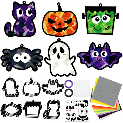 Lonfliness 36 Set Halloween Suncatchers Craft for DIY Pumpkin Ghost Cat Spider Window Tissue Paper Craft Kit Hanging Decor for Home Activity Art Project Birthday Party Favor Gift