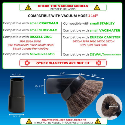 for Shop Vacs Replacement Vacuum Brush Attachment 1.25 Inch (32mm) with Soft Horsehair Bristles - 1-1/4'' Vacuum Accessories Compatible with Milwaukee M18, Eureka Mighty Mite 3670M & More