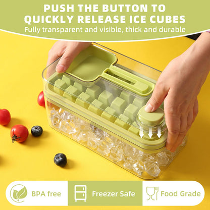 EuChoiz Ice Cube Tray with Lid Press Easy Release, Scoop and Bin Ice Trays for Freezer, Making 64 pcs Ice Cubes for Chilling Cocktail Whiskey Coffee Include 2 Trays and Storage Container, BPA Free