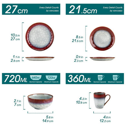 vancasso Starry 16 Pieces Dinnerware Set for 4, Handmade Reactive Glaze Stoneware Plates and Bowls Set, Dishes Set with Mugs for 4, Microwave & Dishwasher Safe, Red