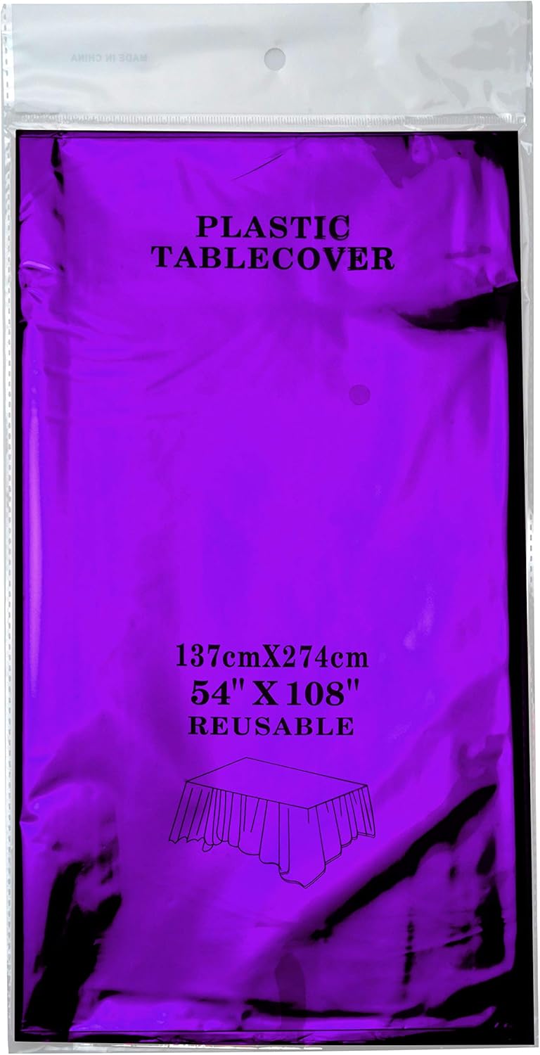 Purple Foil Tablecloth, Plastic Table Cover for Wedding, Birthday, Baby Shower, 54 x 108 Inch, 2pc