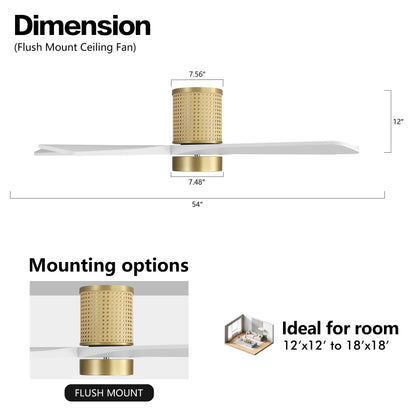 WINGBO 54 Inch Flush Mount Rattan Ceiling Fan, 3CCT Dimmable Light, 5 Carved Wood Blades, 6-Speed Reversible DC Motor, Modern Ceiling Fans for Indoor, Aged Brass Finish and White Blades