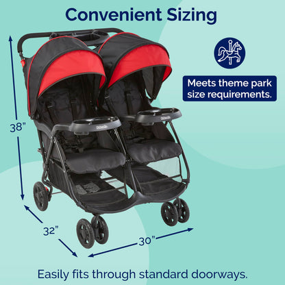 Kolcraft Cloud Plus Lightweight Double Stroller Side-by-Side for Infant Toddler, Compact Folding Travel System with Reclining Seats, Canopies, Storage Basket, Trays, Easy Maneuver – Red Black