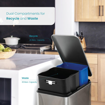 Home Zone Living 13 Gallon Slim Kitchen Trash Can with Dual Compartments for Trash and Recycling, Soft Close Lid, Step Pedal, Stainless Steel, Silver