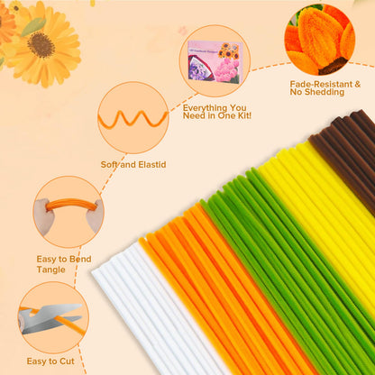 SZXYMUQI 500pcs Pipe Cleaners Craft Kit for Flower Making Sunflower DIY Material Bundle with 20 Stems, 100 Stamens, Ribbon, Tulle, Glue Sticks All-in-One Chenille Stems Art Supplies for Adults Gift