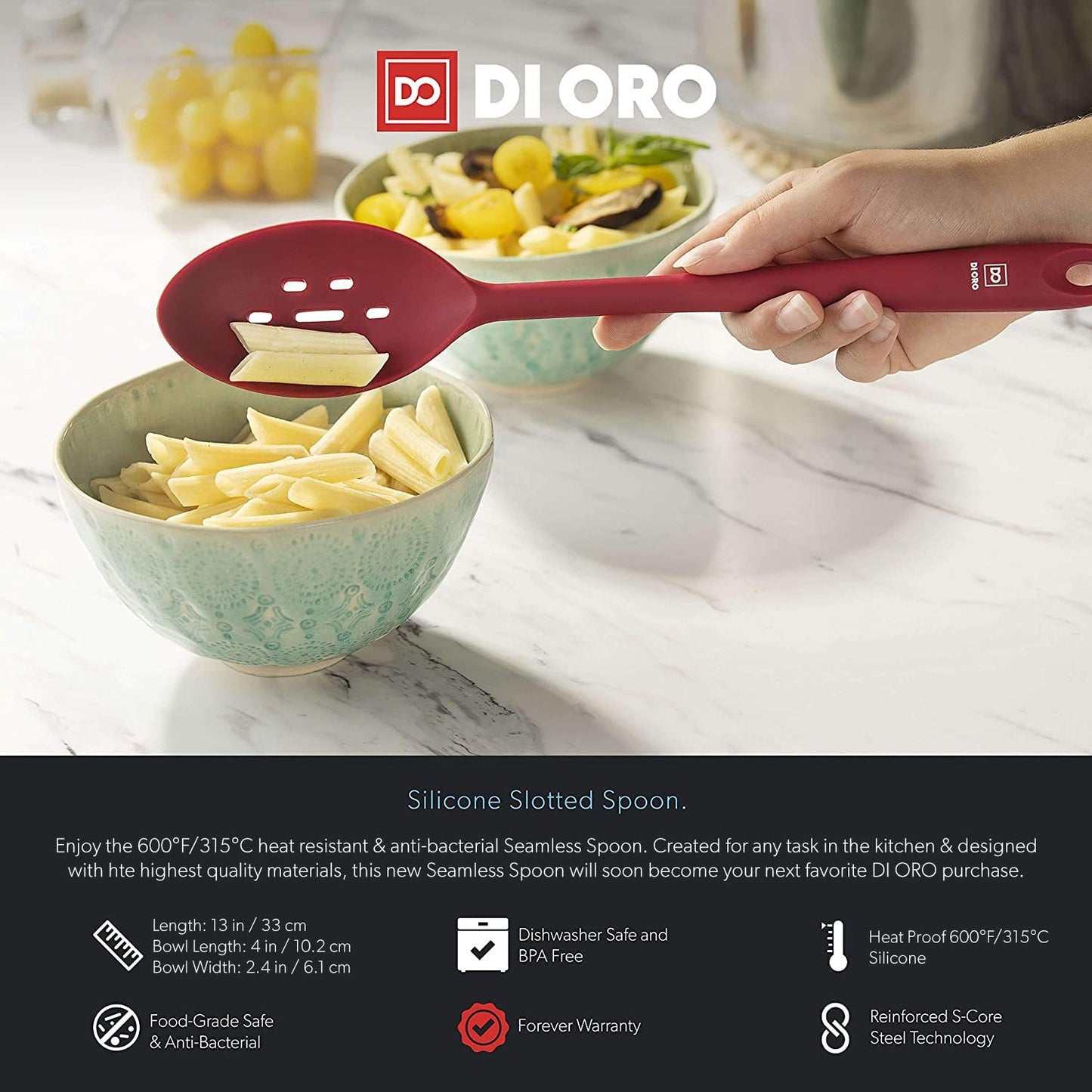 DI ORO Silicone Slotted Spoon - 600°F High Heat Silicone Spoon for Cooking Nonstick Cookware Safe - Silicone Kitchen Spoon for Serving & Stirring - Large Spoon for Mixing - Dishwasher Safe (Red)