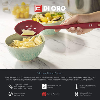 DI ORO Silicone Slotted Spoon - 600°F High Heat Silicone Spoon for Cooking Nonstick Cookware Safe - Silicone Kitchen Spoon for Serving & Stirring - Large Spoon for Mixing - Dishwasher Safe (Red)