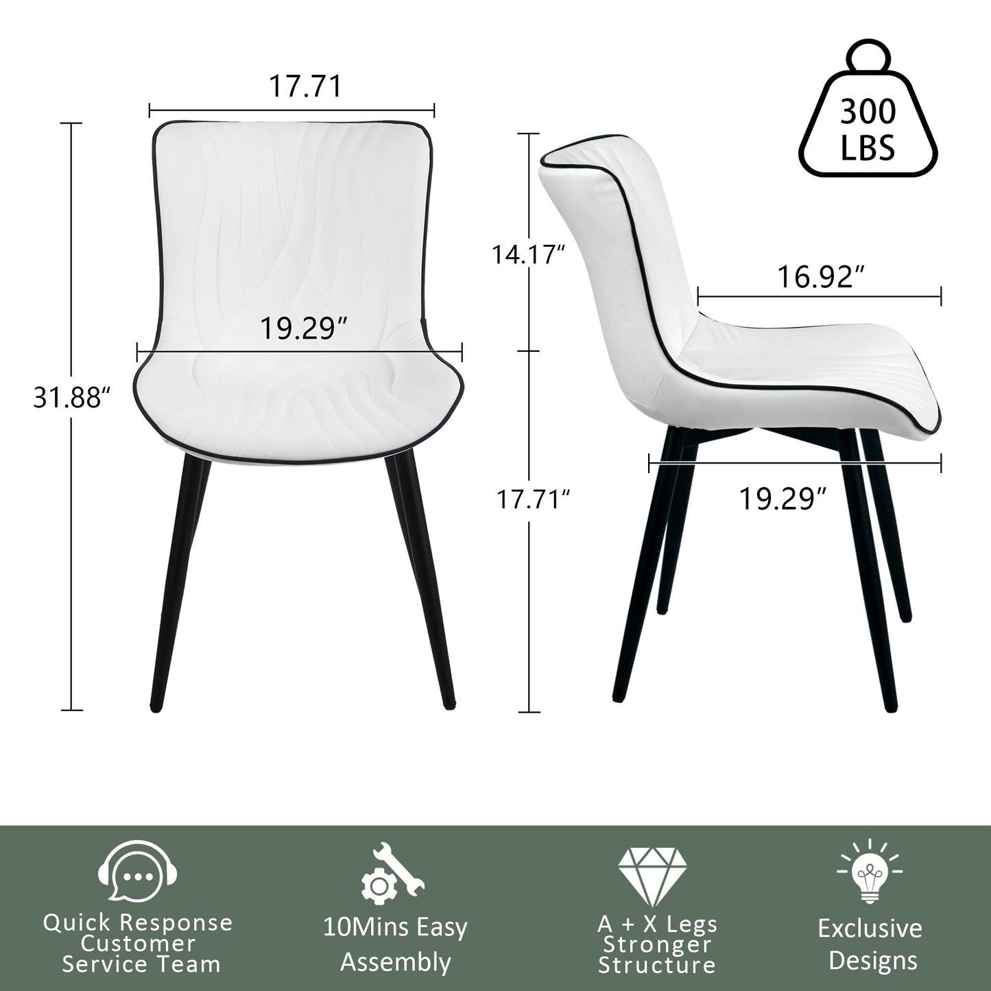 YOUTASTE Dining Chairs Set of 2, Mid Century Modern Upholstered Faux Leather Kitchen Room Chairs, with Black Metal Legs, Armless Accent Chair for Living Room, Bedroom, Vanity, White