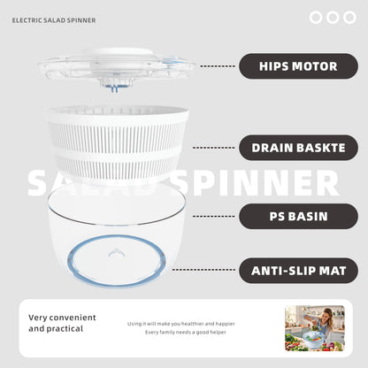 Subbuteo Electric Salad Spinner 4Qt – Rechargeable Lettuce Washer & Vegetable Dryer with 2+ Month Battery Life, Type-C, Detachable Parts, Spin Dry Kitchen Gadget for Greens Herbs Berries