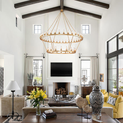 JKLX 60 Inch Gold Extra Large Wagon Wheel Chandelier, 2 Tier 54-Lights Farmhouse Industrial Round High Ceiling Pendant Light Adjustable Chain, for Dining Room, Living Room