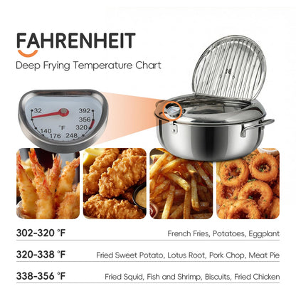 PUCOHOUSE Deep Fryer Pot, Japanese Frying Pot 4.2L/4.5Qt Large, 304 Stainless Steel Tempura Fryer with Lid, Thermometer and Oil Drip Drain Rack for Family Cooking