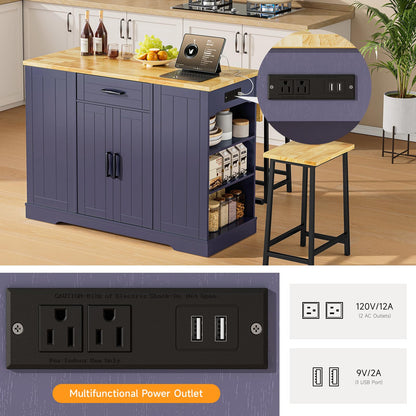 ONBRILL Stationary Kitchen Islands Include 2 Chairs, 47" Kitchen Island with Drop Leaf, Home Bar Table with Spice Rack & with Trash Cabinet, Island Table for Dining Room with Power Outlet, Blue