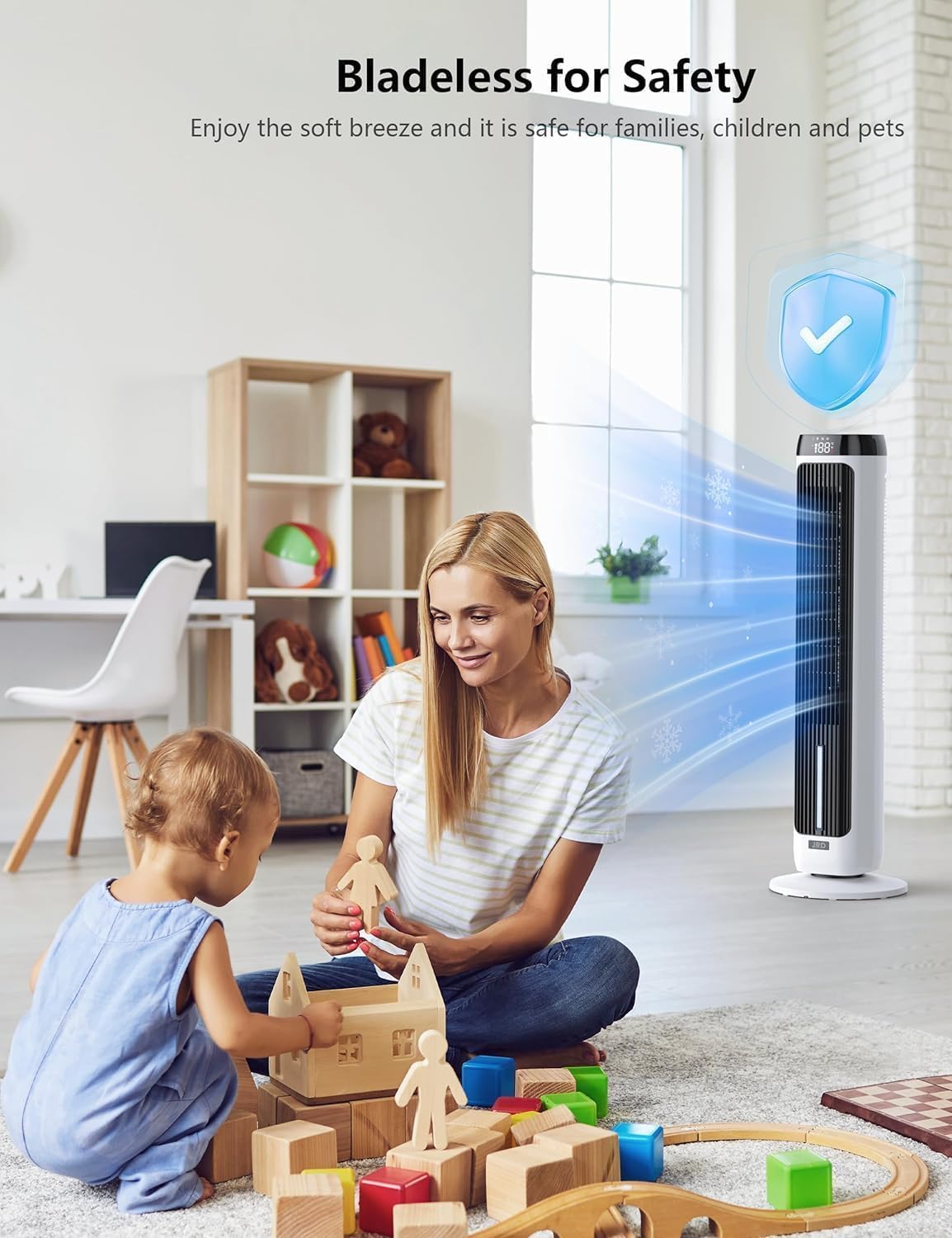 JRD 41" Evaporative Cooler with 3 Speeds, 5 Modes, Remote, 80° Oscillation Swamp Cooler with 12H Timer, Bladeless Tower Fan Cooling Fan for Bedroom Office Home