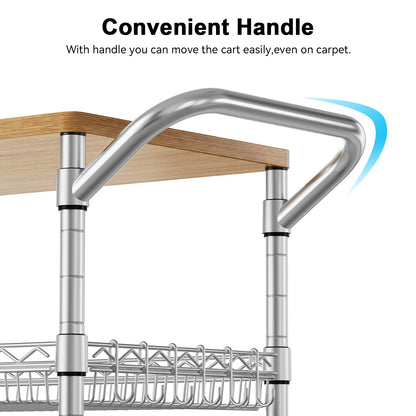 WDT 3 Tier Rolling Kitchen Carts with Wheels, Heavy Duty Rolling Utility Cart with Wood Tabletop, Commercial Grade Metal Cart with Handle and Hooks, NSF Storage Serving Island Carts, Light Wood+Metal