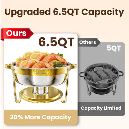 WARMOUNTS 6.5QT Gold Chafing Dishes for Buffet 6 Pack, Stainless Steel Round Chafers and Buffet Warmers Sets with Lid Holder, Rolled Rim Process, Stackable Design, for Catering, Parties, Weddings