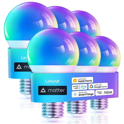 Linkind Matter Smart Light Bulb, WiFi Smart Bulbs, Work with Apple Home, Siri, Alexa, Google, SmartThings, RGBTW Color Changing Bulbs Mood Lighting, Music Sync, A19 E26 60W, 2.4Ghz WiFi 6 Pack
