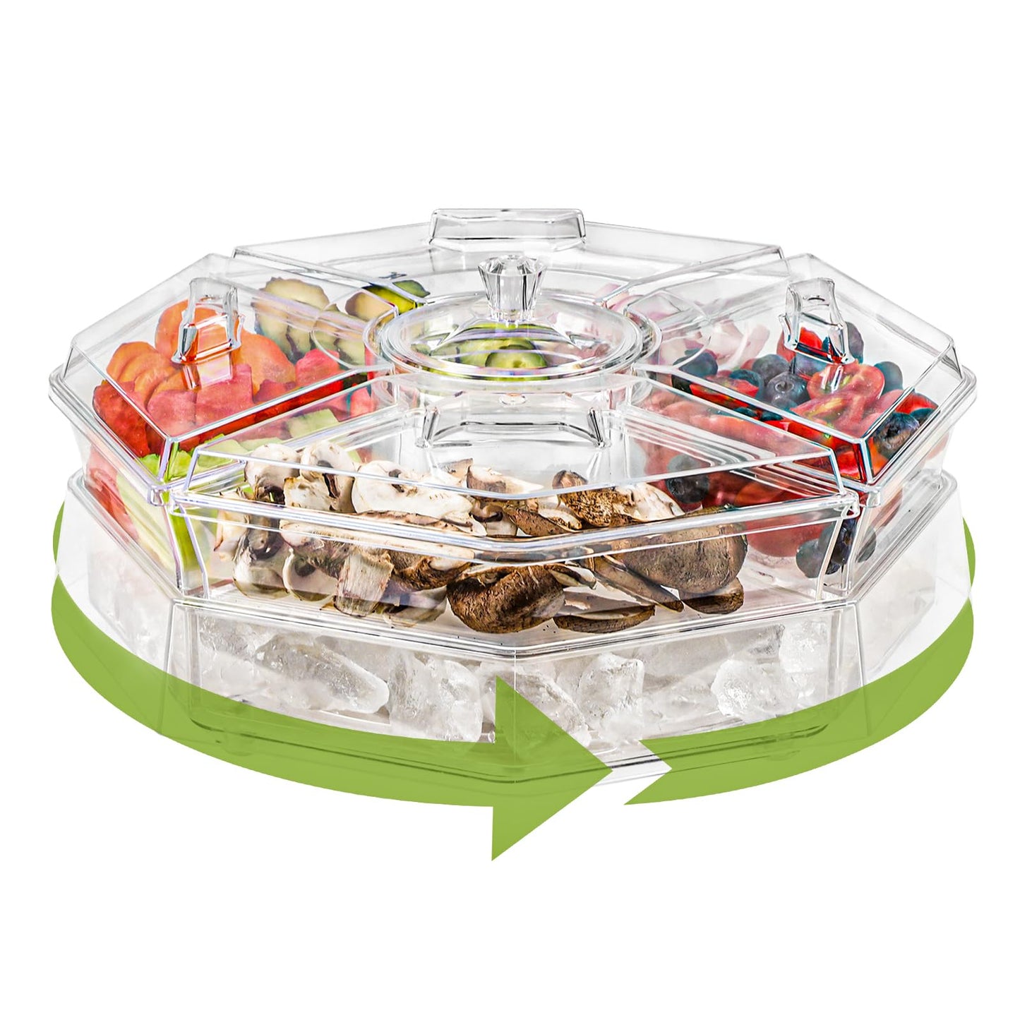 IVYHOME Ice Serving Lazy Susan, Chilled Food Containers with 4 Removable Dishes and Smooth Rotating Tray, Condiment Server with Separate Lids, for Bar Accessories, Fruit, Salad, Taco, Party Garnish