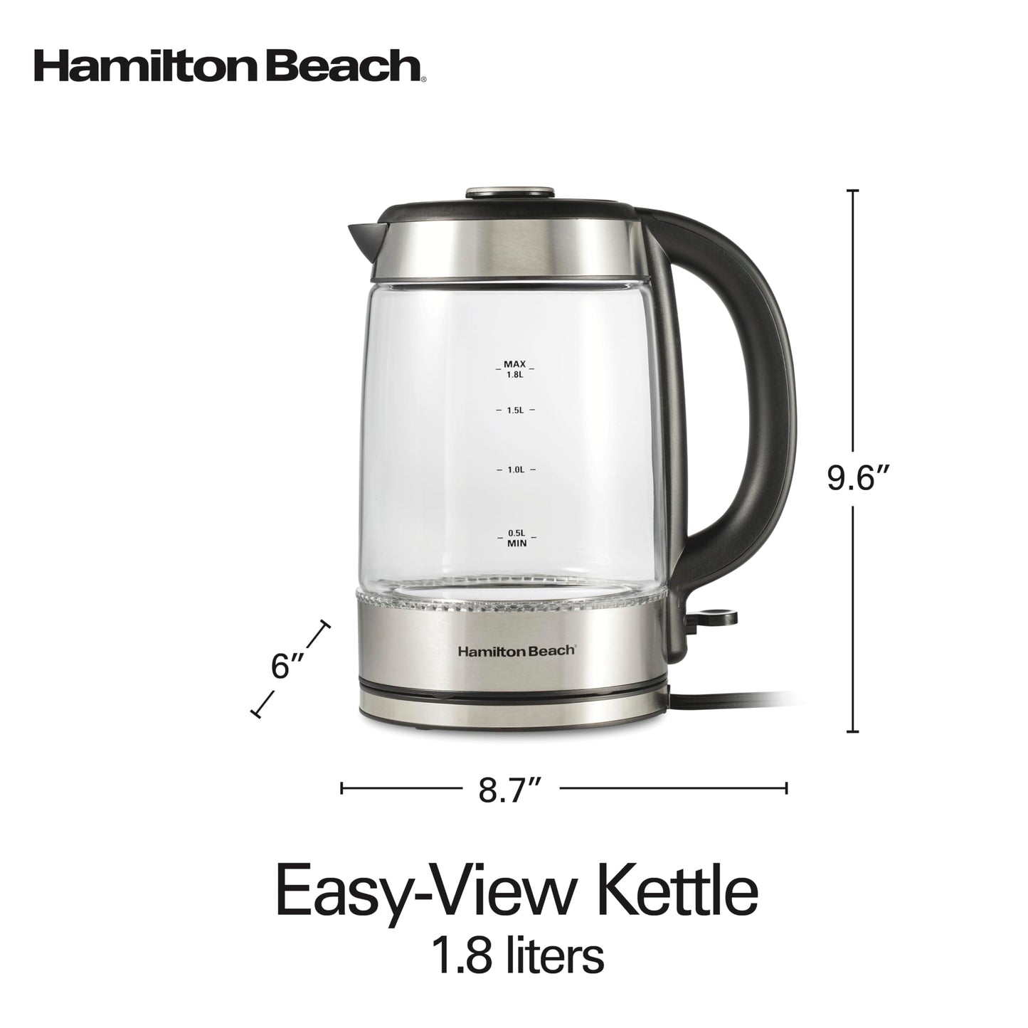 Hamilton Beach Electric Tea Kettle, Water Boiler & Heater, 1.8 Liter, Cordless Serving, 1500 Watts for Fast Boiling, Auto-Shutoff and Boil-Dry Protection, Easy-View Glass (40853C)