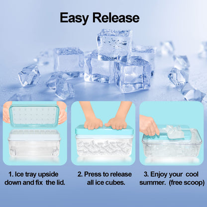 Ice Cube Trays for Freezer With Bin, Scoop, and Press Plate - 2 Tiers, Lid Included
