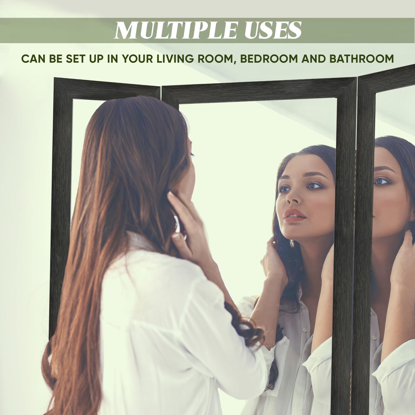 Houseables Trifold Mirror Full Length, 3 Way Mirror, Floor Length, Three Way Folding, Standing, Full Body, Wood Framed, 3 Sided for Bedroom, Makeup, Oversized, Foldable, Black, 71 x 32 to 65 Inch