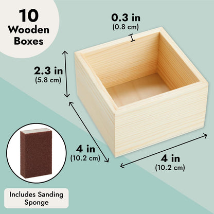 Bright Creations Centerpieces - 10 Unfinished Pine Mini Wood Crates 4 x 4 x 2.3 In & Sanding Sponge, Cream & Brown - DIY Craft Decor & Storage Display