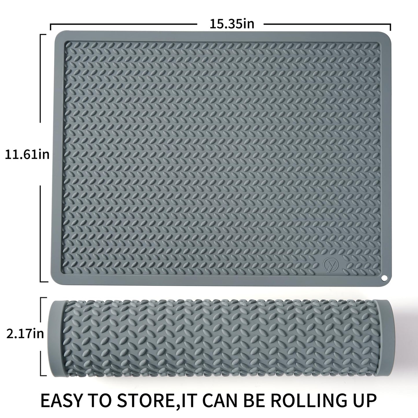 Silicone Drying Mat & Heat Resistant Mat for Kitchen Counter, Non-Slip Dishwasher Safe, Raised Edge for Dishes Bottles Sink (15.35x11.61in, Gery)