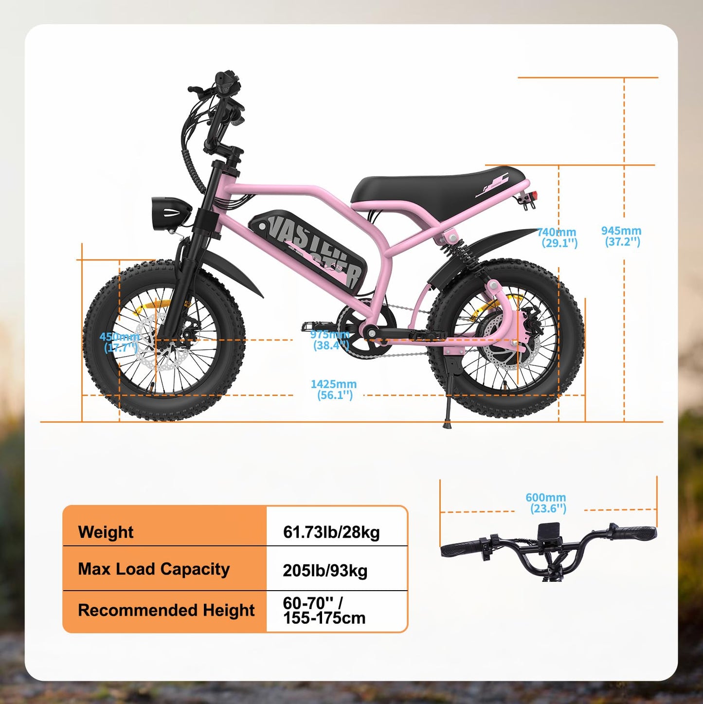 VDL Mountain Electric Bike for Teenager, 16" Fat Tire Ebike, Wider Seat 800W Peak Motor, Removable Battery, Front Fork Suspension, 20MPH, UP to 35 Miles Mountain Ebike, Black-Pink
