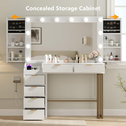 Feonase Vanity Desk, White 43'' Large Makeup Vanity Desk with Mirror and 12 Lights, 3 Color Modes, Glass Top Makeup Table with 6 Drawers and 2 Side Cabinets, Built in Charging Station
