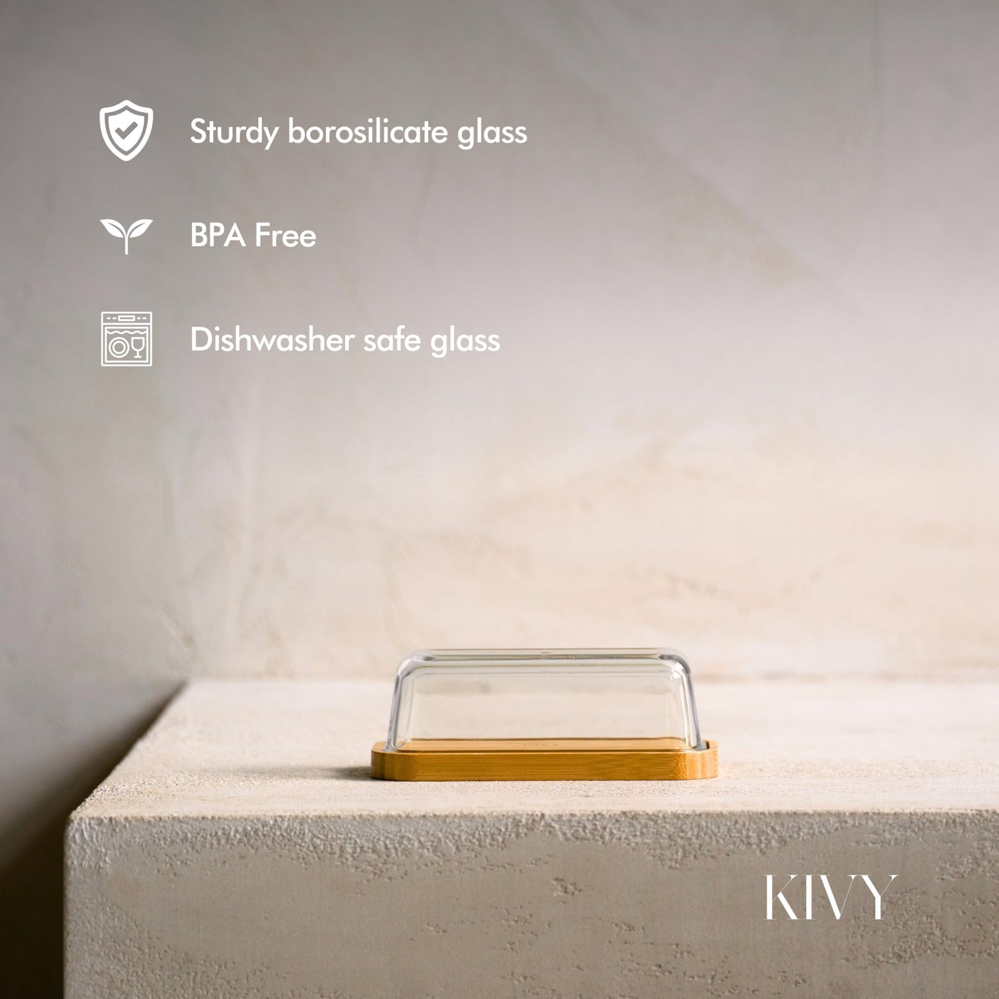 KIVY Glass butter dish with airtight lid that keeps butter soft - For countertop and refrigerator door shelf - Butter tray with lid fridge - Butter holder for counter - Covered butter dishes