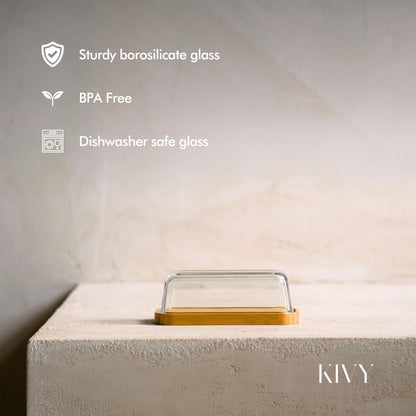 KIVY Glass butter dish with airtight lid that keeps butter soft - For countertop and refrigerator door shelf - Butter tray with lid fridge - Butter holder for counter - Covered butter dishes