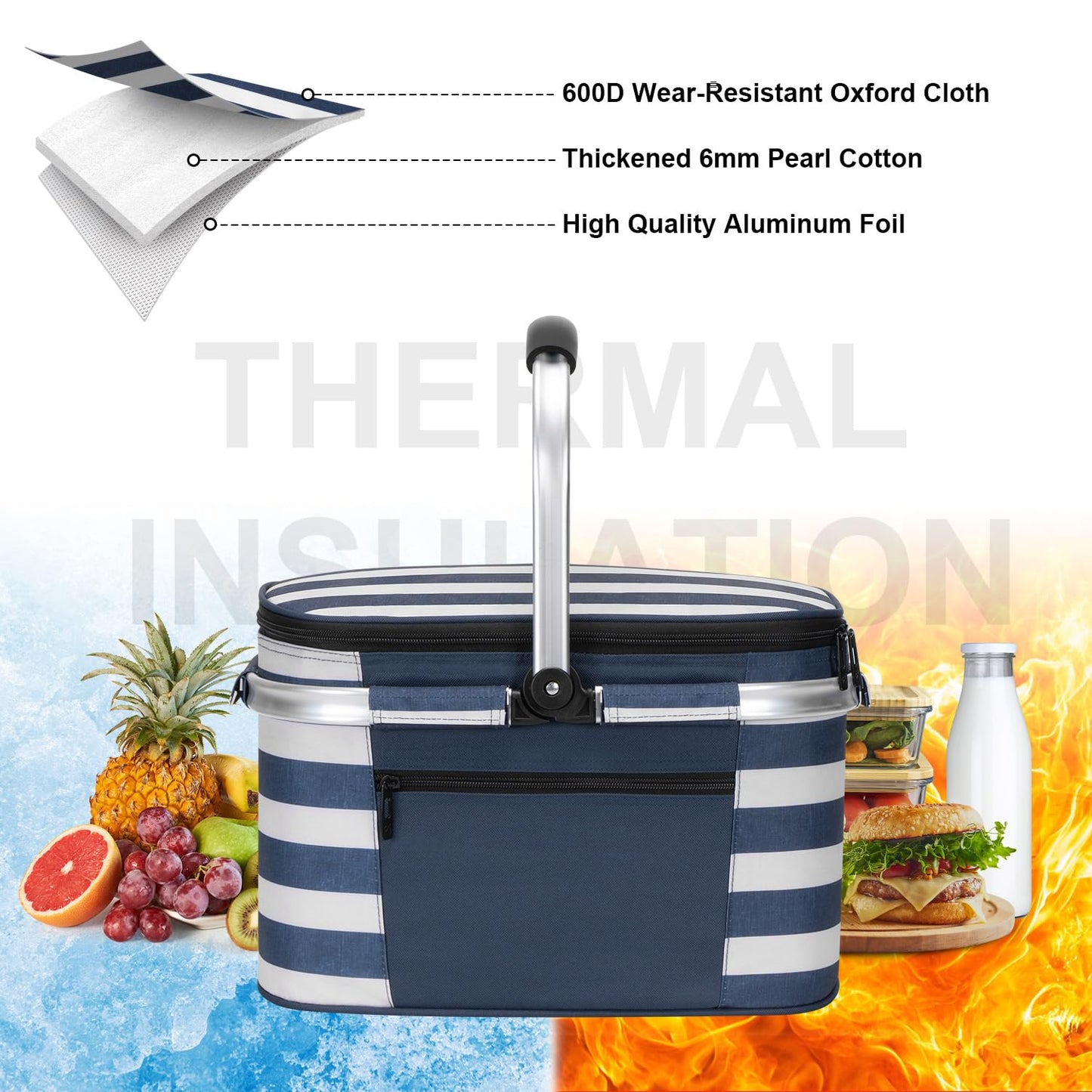 ALLCAMP Picnic Basket - Insulated Cooler, Thickening Foldable Picnic Basket with Removable Baskets & Sewn-in Frame, Basket for House Warming Gifts New Home(Blue White)