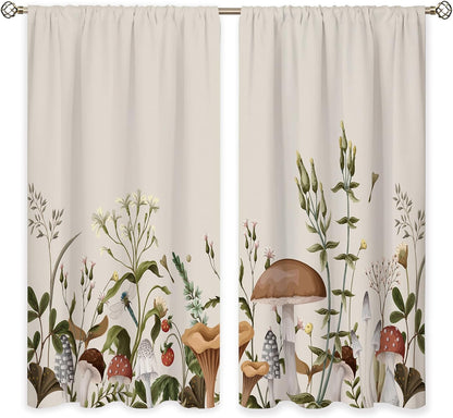 2 42Wx45H Inch Vintage Mushroom Window Curtains Leaves Botanical Rod Pocket Rustic Boho Mushroom Beige Curtain Drapes